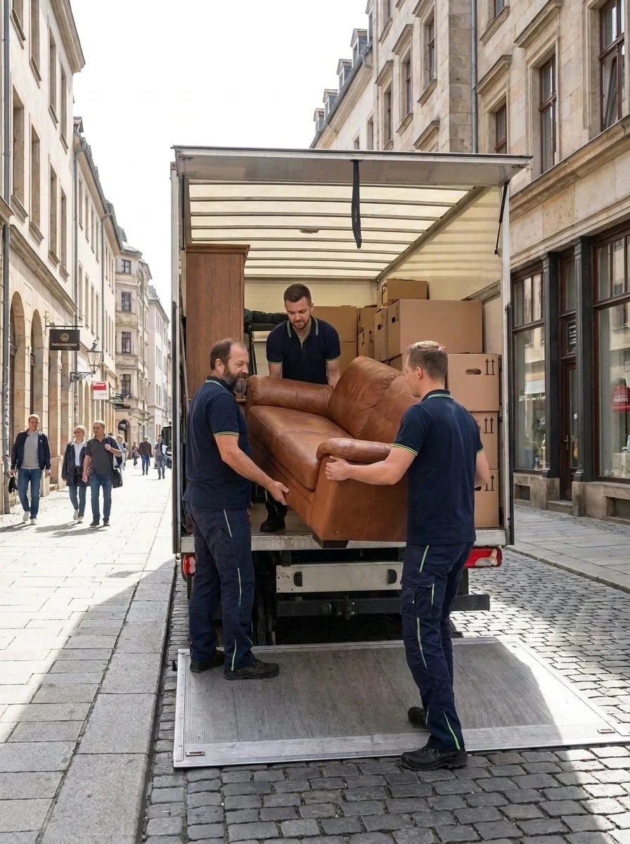 Mitarbeiter verladen ein ausgedientes Ledersofa über die Ladebordwand in den LKW
