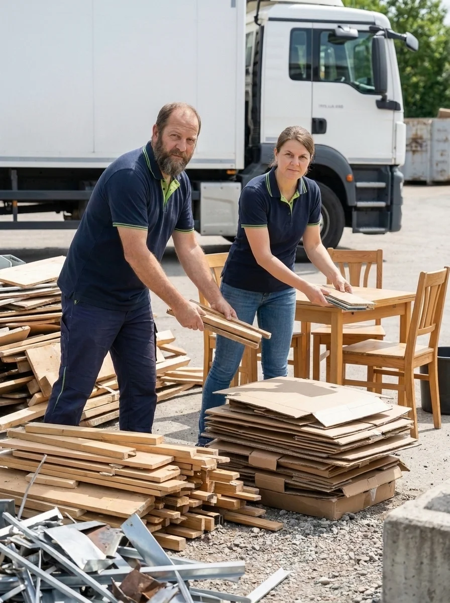 Zwei Mitarbeitende sortieren Altholz, Kartonagen und Metall getrennt für die Verwertung