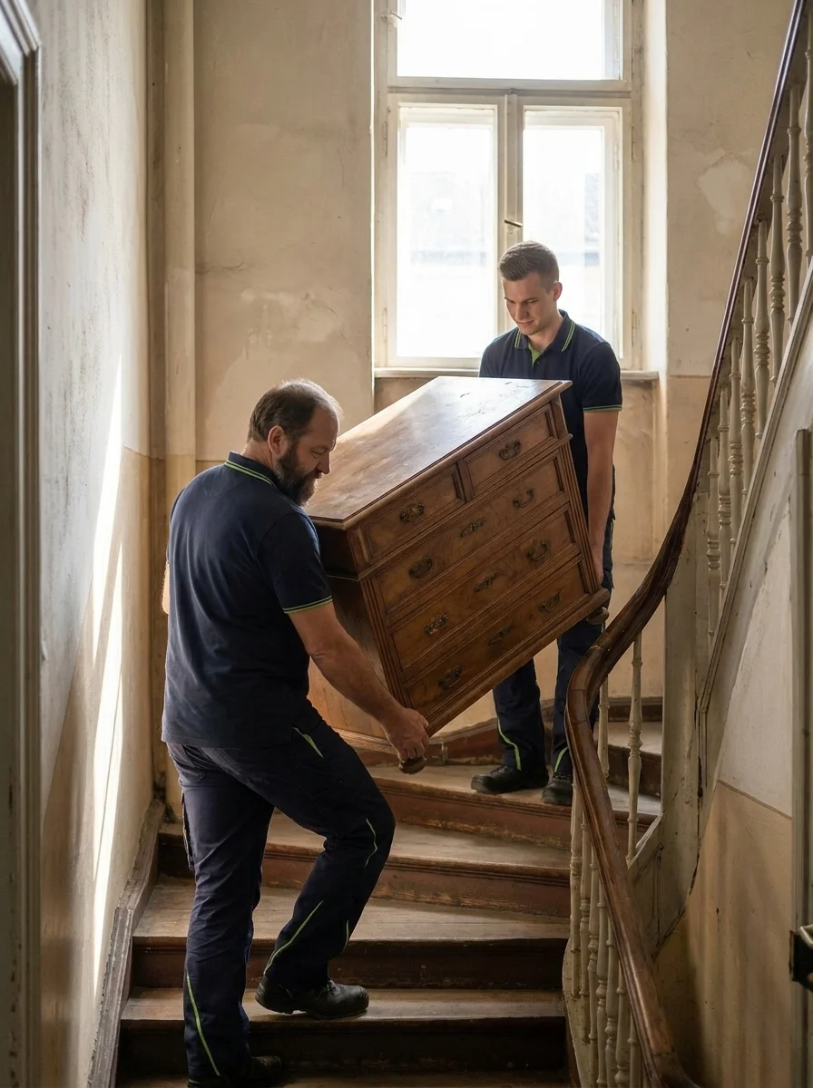 Zwei Mitarbeiter tragen eine alte Kommode vorsichtig durch ein Stiegenhaus nach unten
