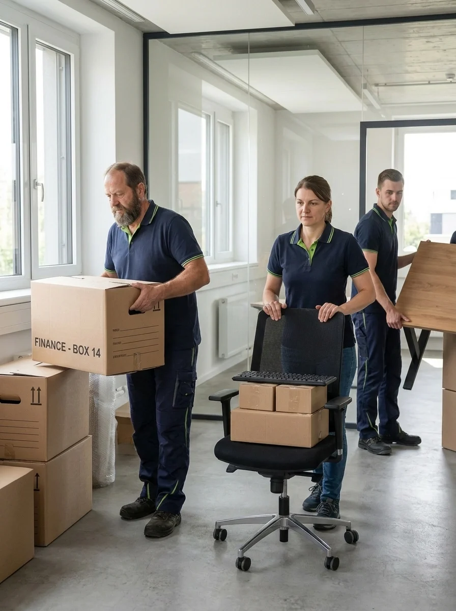 Team von Umzugsprofi24 verlädt beschriftete Aktenkartons, Bürostuhl und Schreibtisch in einem Büro