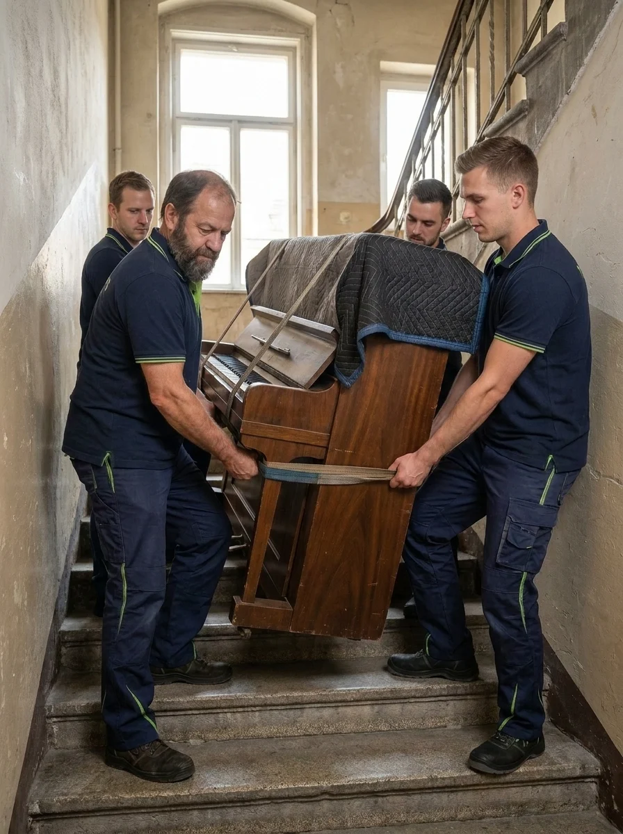 Vier Mitarbeitende tragen ein mit Decken gesichertes Klavier über ein Stiegenhaus