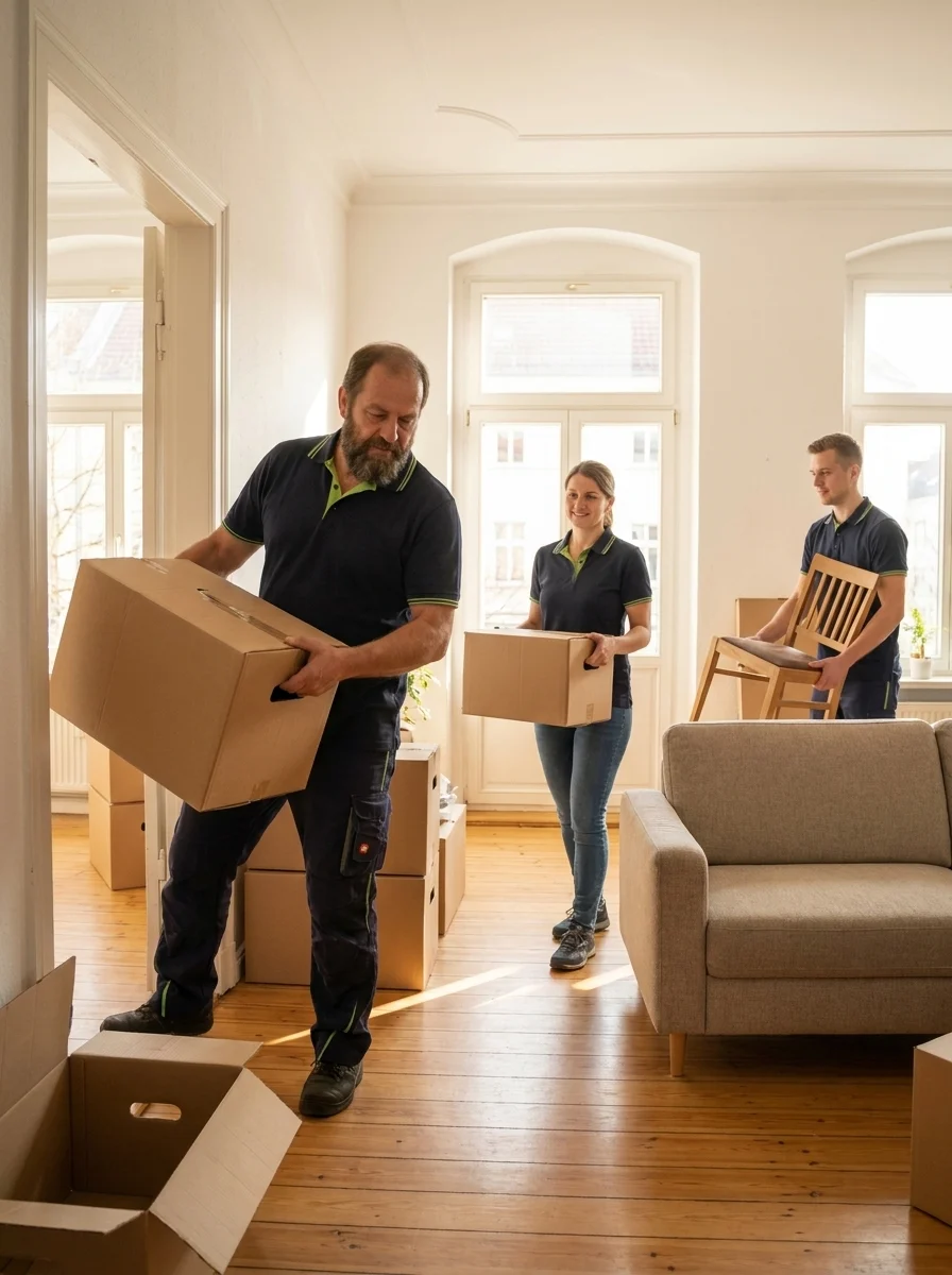 Drei Mitarbeitende von Umzugsprofi24 tragen Umzugskartons und einen Sessel durch eine helle Altbauwohnung