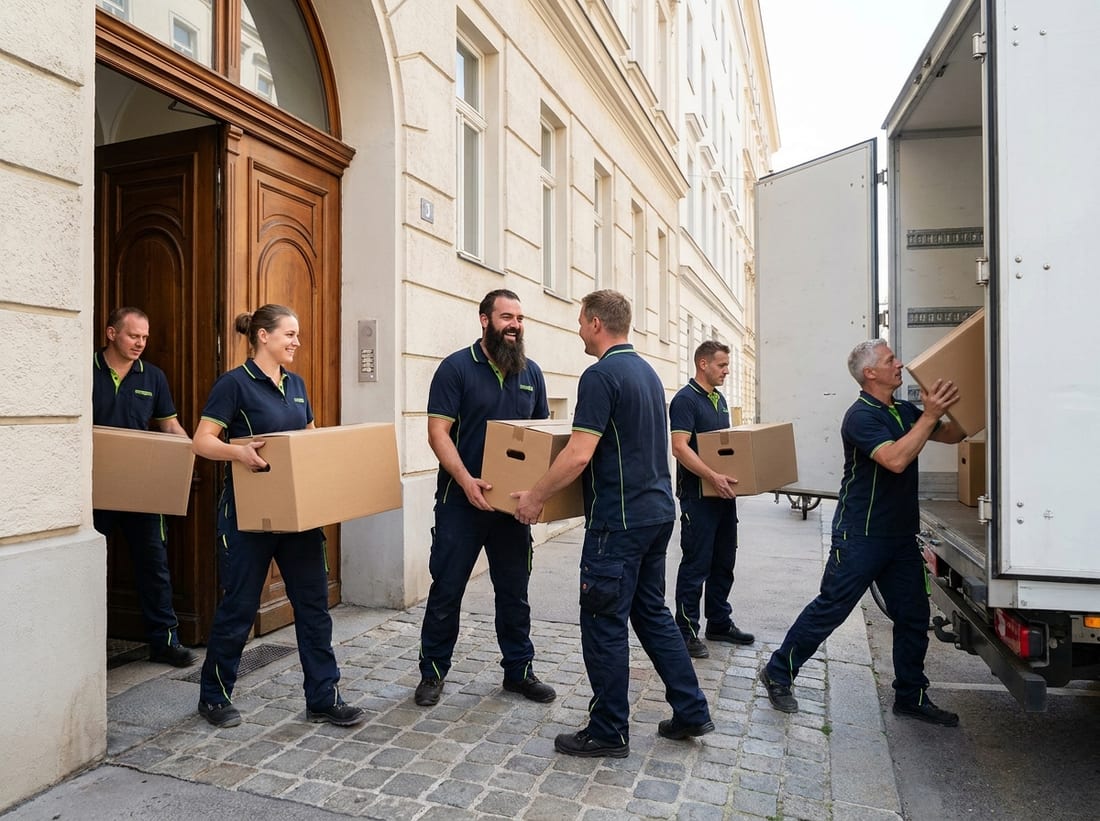 Möbelpacker von Umzugsprofi24 tragen Kartons aus einem Altbau zum Umzugs-LKW